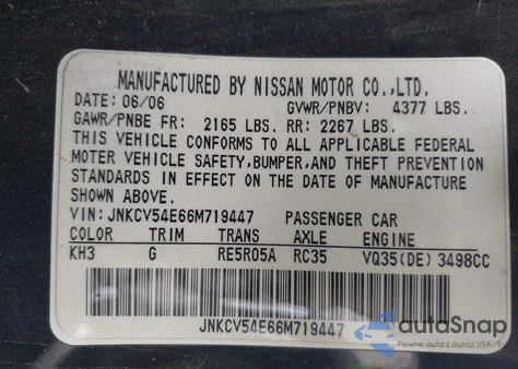 2006 Infiniti G35 z USA, uszkodzony, nr VIN JNKCV54E66M719447